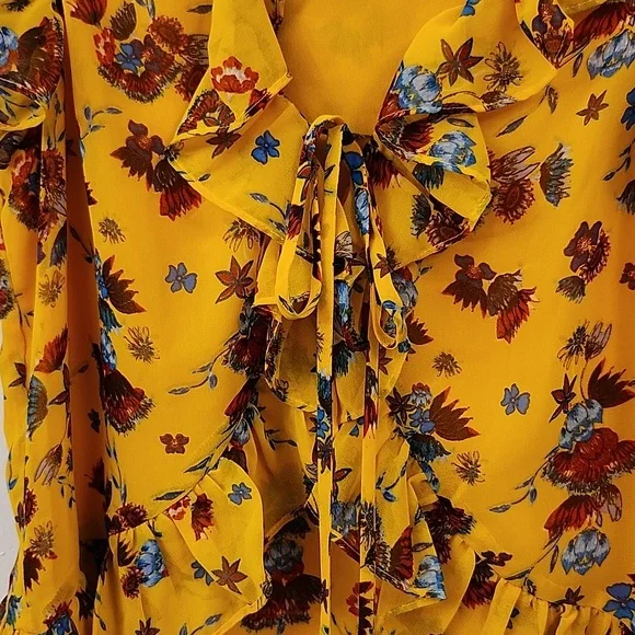 Rebecca Minkoff XXS ruffled short sleeve tie front yellow floral print blouse - Picture 3 of 6